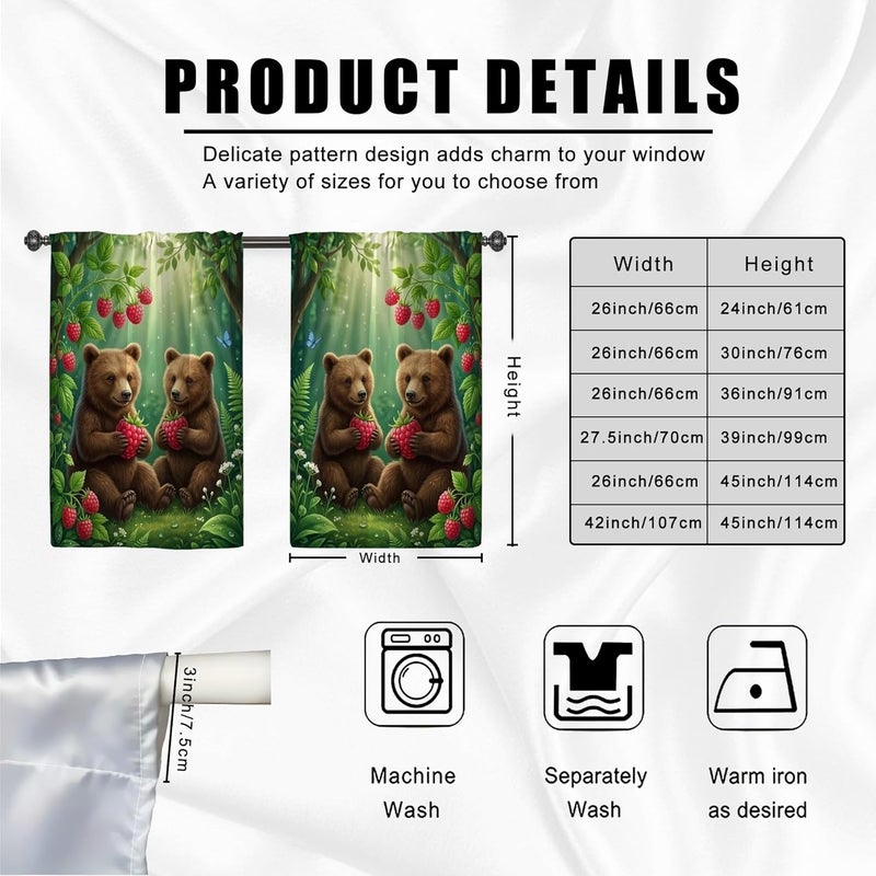 Bears Kitchen Curtains, Nature Fanciful Raspberries Foliage Summer Green Kitchen Drapes for Windows for Small Rv Sink Area Narrow Window 42x45 Inch - Image 3