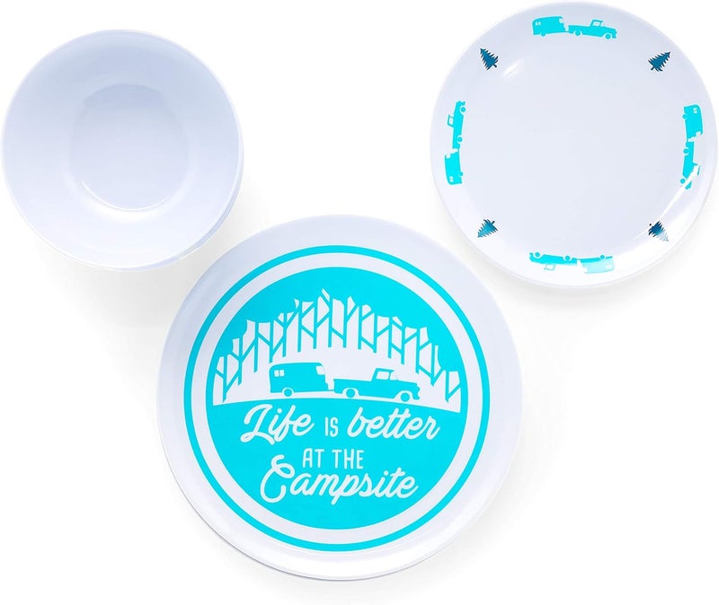 Camco Camco Life is Better at The Campsite Dishware Set  Includes 4 Large Dinner Plates 4 Small Salad Plates and 4 Bowls  Top Rack Dishwasher Safe  Blue Tree and Truck Design 53294 - Image 2