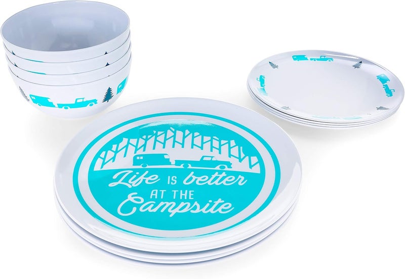 Camco Camco Life is Better at The Campsite Dishware Set  Includes 4 Large Dinner Plates 4 Small Salad Plates and 4 Bowls  Top Rack Dishwasher Safe  Blue Tree and Truck Design 53294 - Image 3