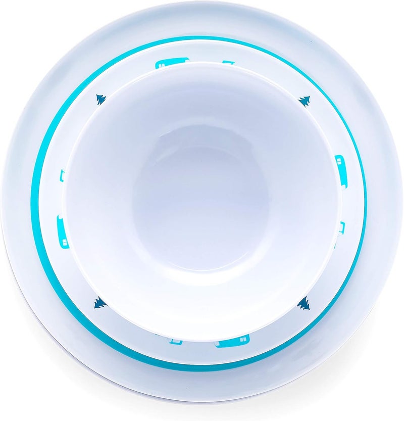 Camco Camco Life is Better at The Campsite Dishware Set  Includes 4 Large Dinner Plates 4 Small Salad Plates and 4 Bowls  Top Rack Dishwasher Safe  Blue Tree and Truck Design 53294 - Image 4