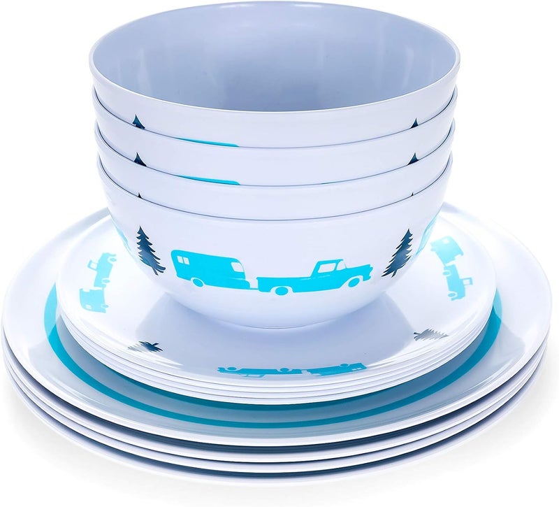 Camco Camco Life is Better at The Campsite Dishware Set  Includes 4 Large Dinner Plates 4 Small Salad Plates and 4 Bowls  Top Rack Dishwasher Safe  Blue Tree and Truck Design 53294 - Image 1