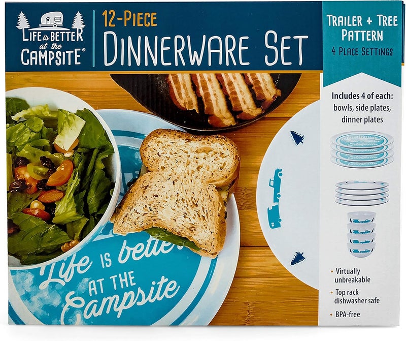 Camco Camco Life is Better at The Campsite Dishware Set  Includes 4 Large Dinner Plates 4 Small Salad Plates and 4 Bowls  Top Rack Dishwasher Safe  Blue Tree and Truck Design 53294 - Image 5