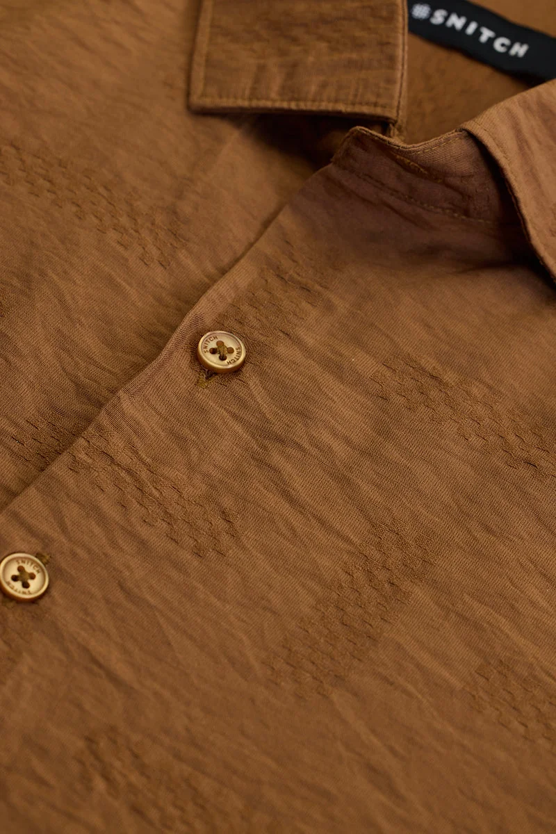سنيتش Rust Textured Long Sleeve Slim Fit Casual Shirt
