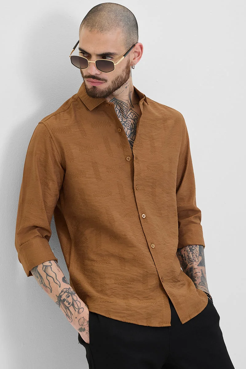 سنيتش Rust Textured Long Sleeve Slim Fit Casual Shirt