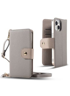 IPhone16 Litchi Pattern Multifunctional Mobile Phone Case Suitable For Google 9pro Card-in Hand Account Type 12 Case-Color:Gray-Applicable Models:iphone15 Pro