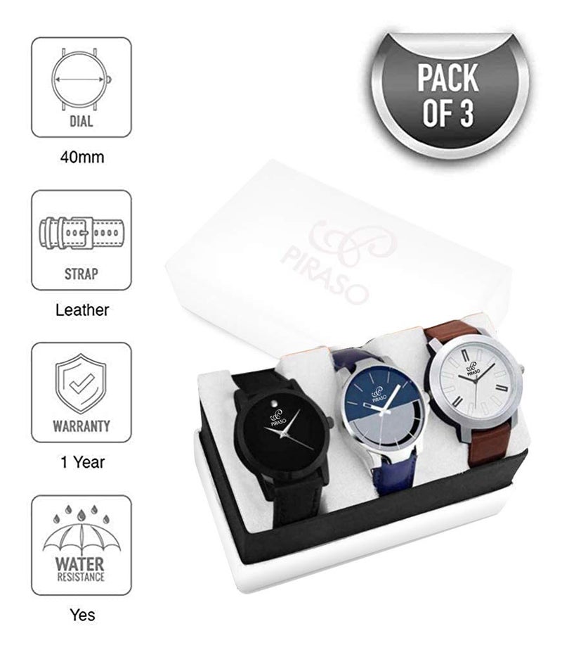 PIRASO Luxury Analogue Men's Watch Pack of 3 (Multicolour Dial & Brown Colored Strap)-PW3 2021 - Image 3
