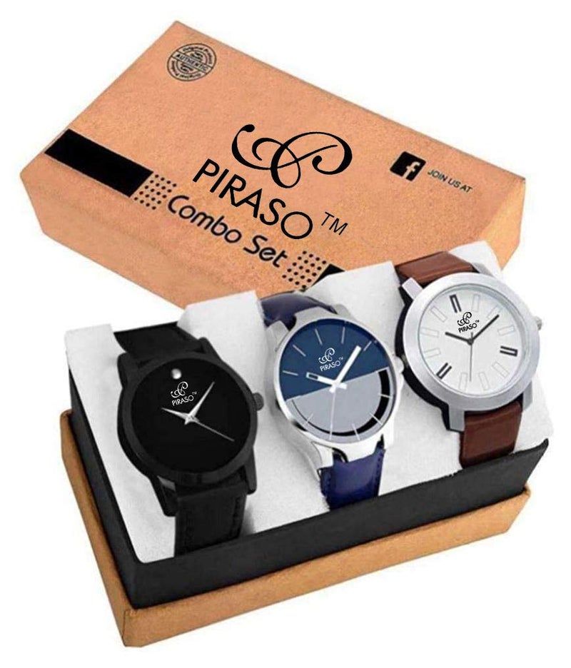 PIRASO Luxury Analogue Men's Watch Pack of 3 (Multicolour Dial & Brown Colored Strap)-PW3 2021 - Image 2