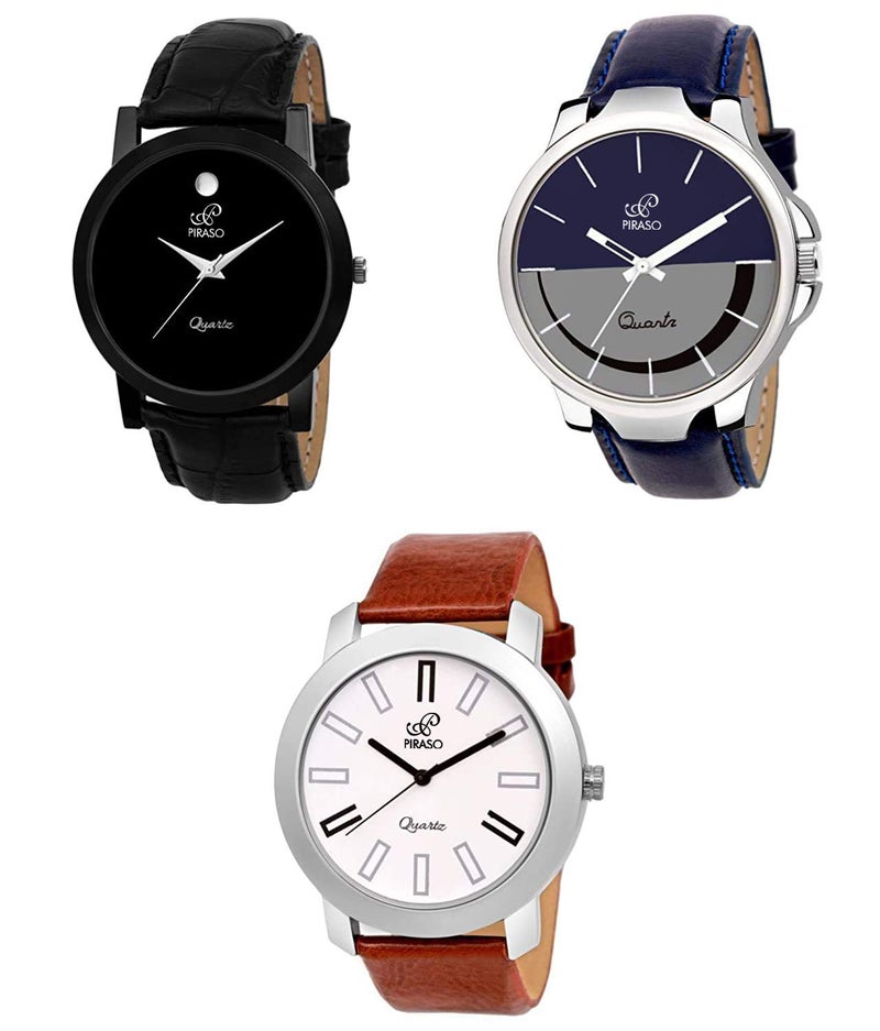 PIRASO Luxury Analogue Men's Watch Pack of 3 (Multicolour Dial & Brown Colored Strap)-PW3 2021 - Image 1