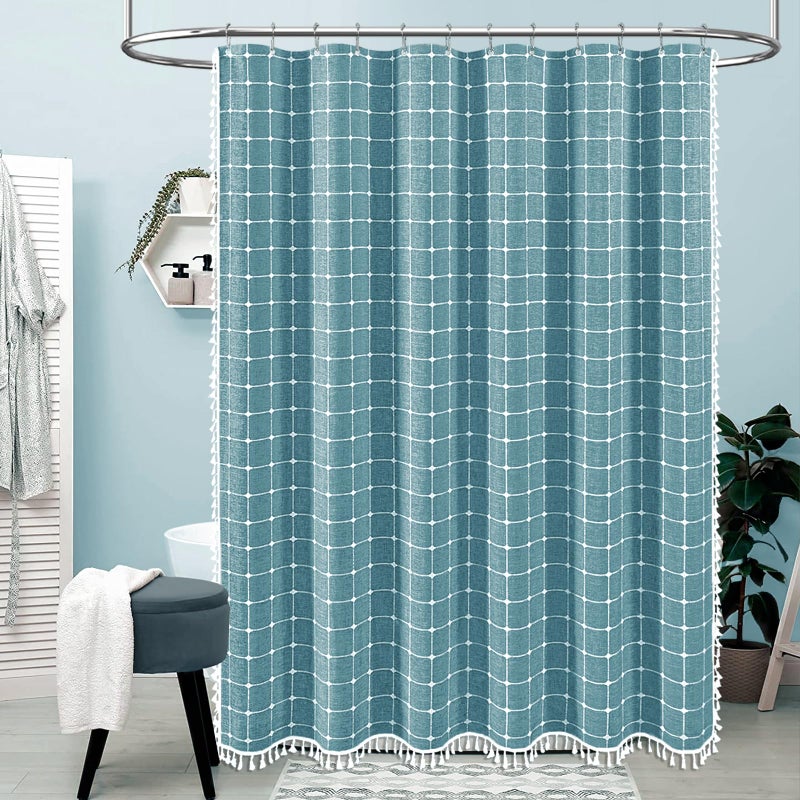 BTTN Boho Farmhouse Shower Curtain - Linen Rustic Heavy Duty Fabric Shower Curtain Set with Tassel  Water Repellent  Bohemian Vintage Country Cloth Shower Curtains for Bathroom  Teal/Turquoise  72x72 - Image 1