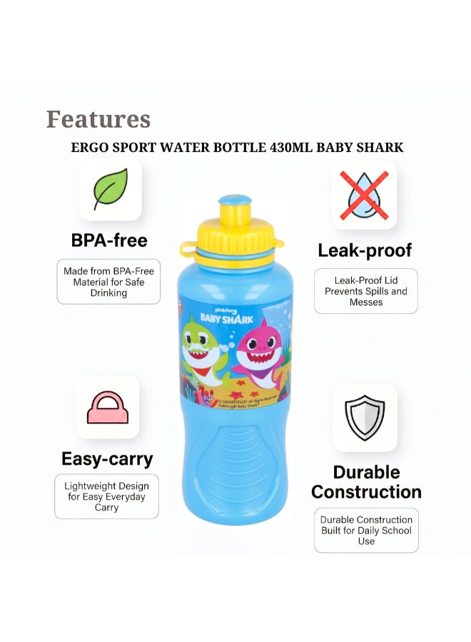 Stor Baby Shark Ergo Sport Water Bottle for Kids – 430ml BPA-Free Leakproof Sipper Bottle with Easy Grip Design, Lightweight Durable School Water Bottle for Daily Hydration, Travel & Outdoor Use - Image 4