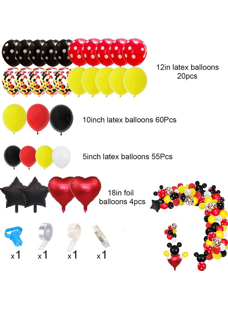 156 Pcs Cartoon Mouse Balloons Arch Garland Kit 18'' 12'' 10'' 5'' Foil Confetti Black Red Yellow White Latex Balloons for Mouse Theme Birthday Party Supplies Baby Shower Birthday Wedding Decoration - Image 2