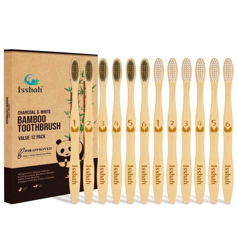 Isshah Biodegradable EcoFriendly Natural Bamboo Charcoal Toothbrushes FSC Certified and PETA Approved 12 Count - Image 1