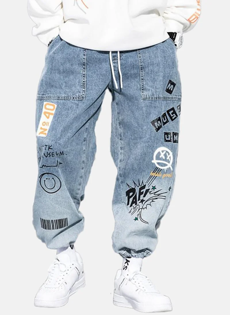 YUNIQEE Blue Printed Mid Rise Relaxed Jogger Jeans