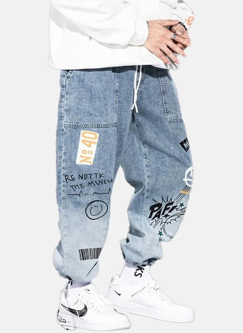 YUNIQEE Blue Printed Mid Rise Relaxed Jogger Jeans
