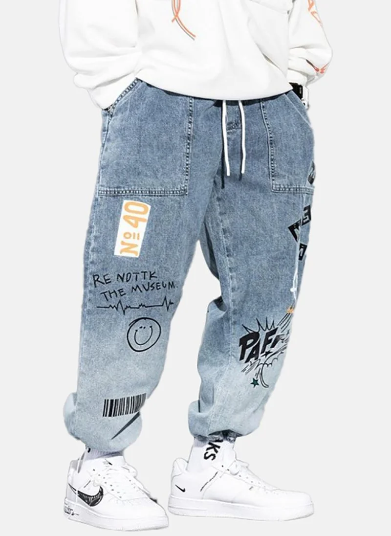 YUNIQEE Blue Printed Mid Rise Relaxed Jogger Jeans