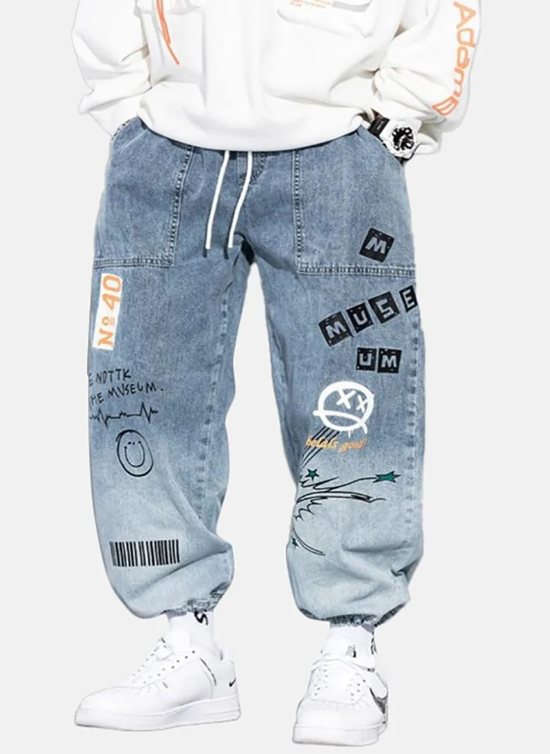 YUNIQEE Blue Printed Mid Rise Relaxed Jogger Jeans