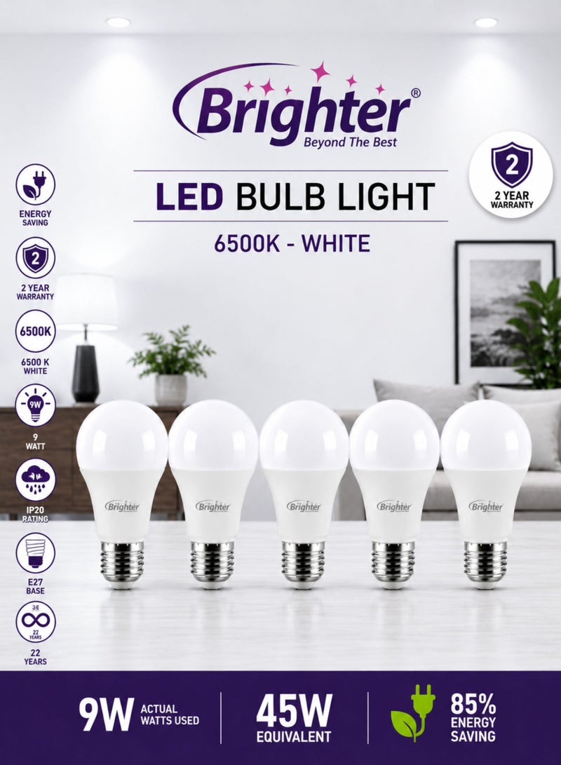 LED Light Bulbs 9W (45W Equivalent) E27 Screw Base, 6500K Cool Daylight White, IP20 Energy Saving LED Lamp, High Brightness, Long Life, 2-Year Warranty, Pack of 5 - Image 1