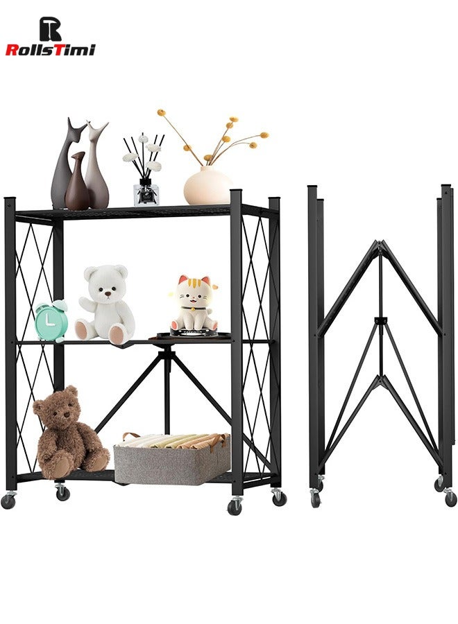 رولستيمي رف تخزين قابل للطي من 3 طبقات مع عجلات ، أرفف معدنية قابلة للطي من الفولاذ ، رف فائدة قائم متدحرج للمطبخ ، مخزن ، مكتب ، أسود - Image 1