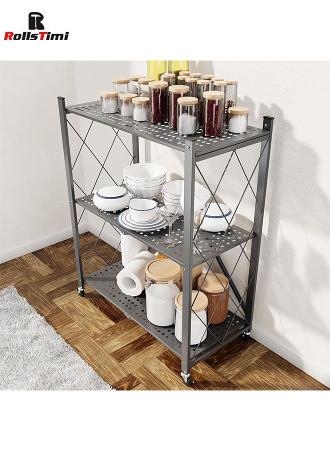 رولستيمي رف تخزين قابل للطي من 3 طبقات مع عجلات ، أرفف معدنية قابلة للطي من الفولاذ ، رف فائدة قائم متدحرج للمطبخ ، مخزن ، مكتب ، أسود - Image 2