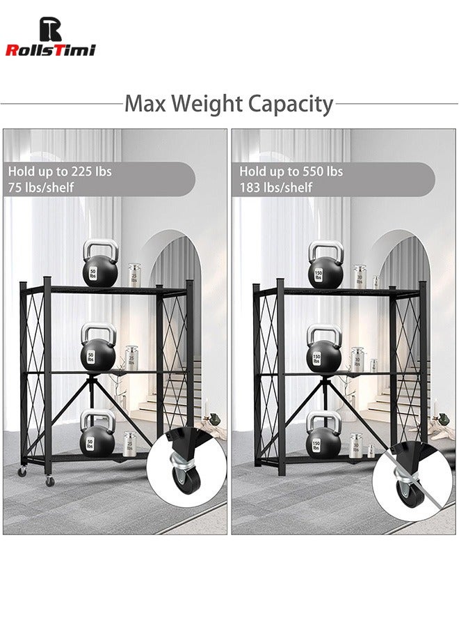 رولستيمي رف تخزين قابل للطي من 3 طبقات مع عجلات ، أرفف معدنية قابلة للطي من الفولاذ ، رف فائدة قائم متدحرج للمطبخ ، مخزن ، مكتب ، أسود - Image 4
