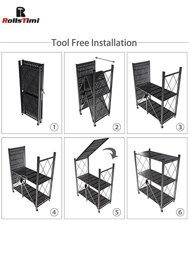 رولستيمي رف تخزين قابل للطي من 3 طبقات مع عجلات ، أرفف معدنية قابلة للطي من الفولاذ ، رف فائدة قائم متدحرج للمطبخ ، مخزن ، مكتب ، أسود - Image 5