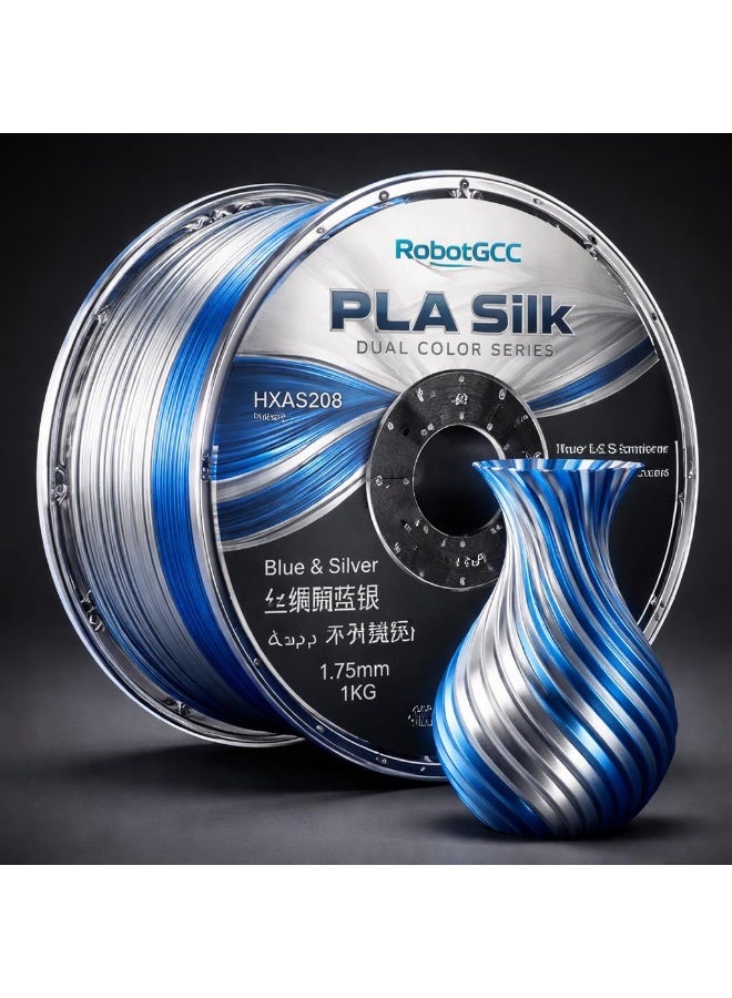 robotgcc PLA Silk Blue Silver Dual Color 1.75mm 3D Printing Material 1KG Spool for FDM 3D Printer Dual Color Gradient Glossy Finish Smooth Extrusion Stable Diameter Low Warping Strong Layer Adhesion Easy Print High Precision Decorative Models Premium Surface Effect - Image 2