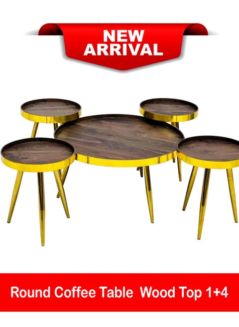 Set of 5 Pieces, Round Coffee Table  Wood Top 1+4