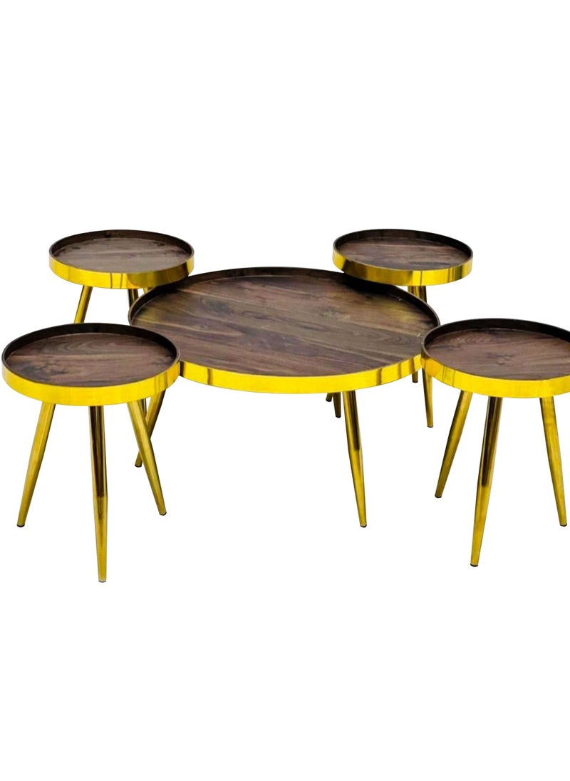 Set of 5 Pieces, Round Coffee Table  Wood Top 1+4