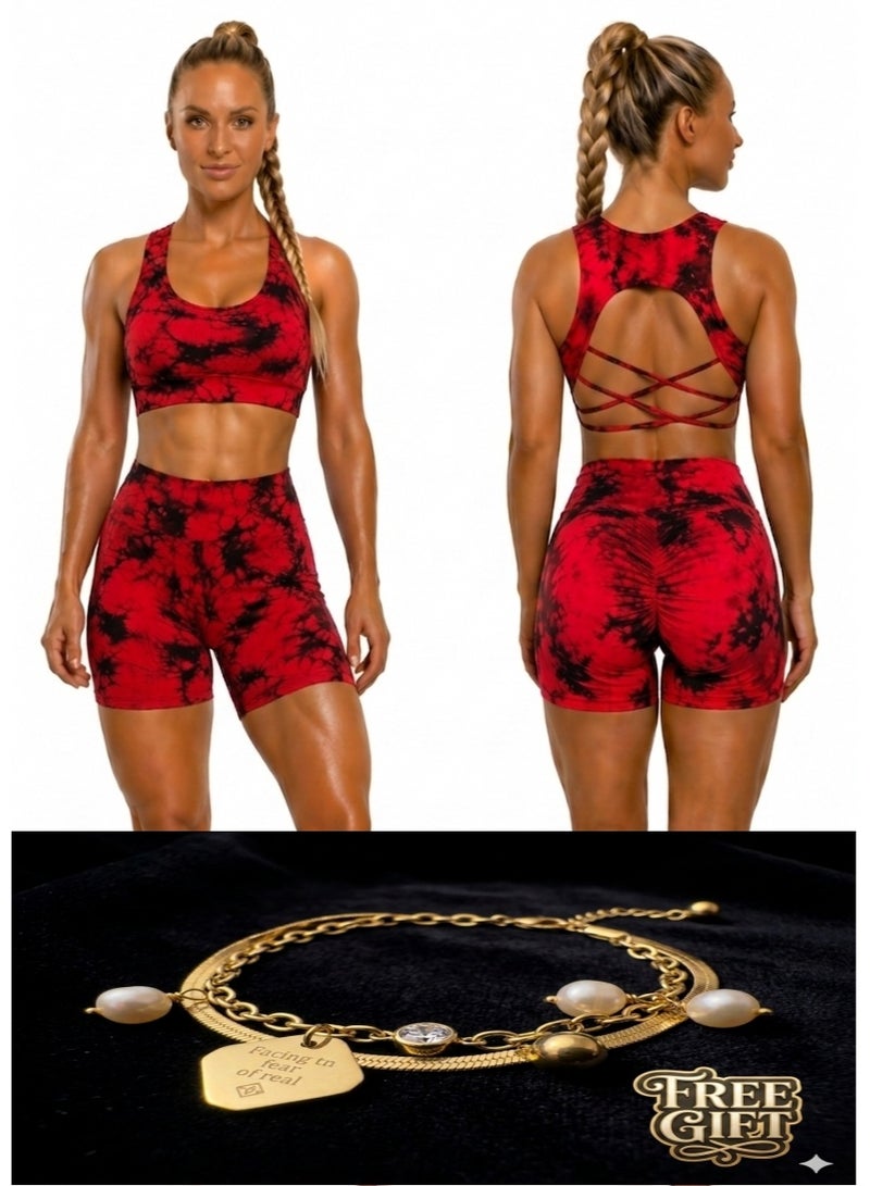 Free Gift Included Women's 2-Piece Tie-Dye Sports Bra and Shorts Set – High-Waist Scrunch - Image 1