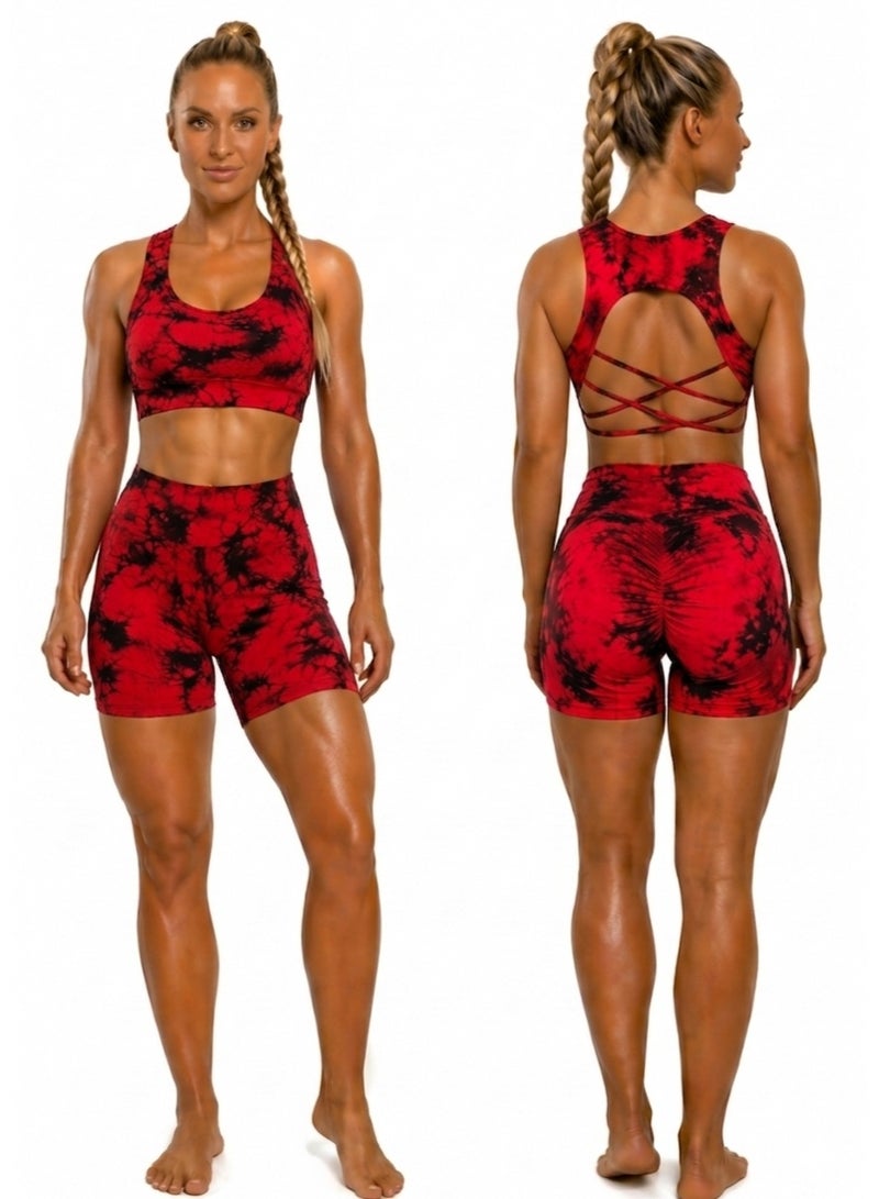 Free Gift Included Women's 2-Piece Tie-Dye Sports Bra and Shorts Set – High-Waist Scrunch - Image 2