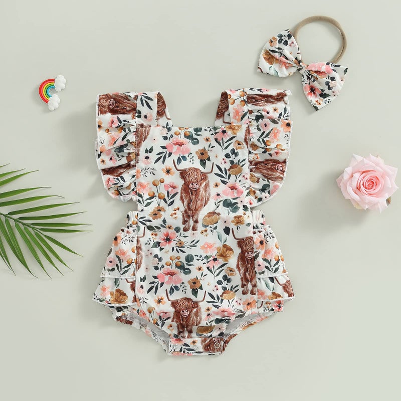 Karuedoo Western Baby Girl Clothes Cow Print Romper Ruffle Sleeveless Jumpsuit Bodysuit Headband Infant Cowgirl Outfit (Pink, 6-12 Months) - Image 2
