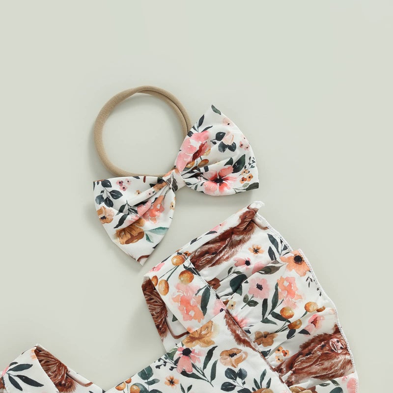 Karuedoo Western Baby Girl Clothes Cow Print Romper Ruffle Sleeveless Jumpsuit Bodysuit Headband Infant Cowgirl Outfit (Pink, 6-12 Months) - Image 5