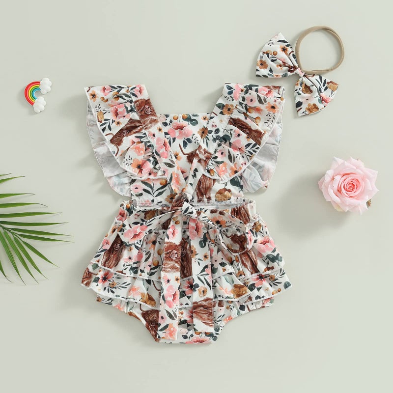 Karuedoo Western Baby Girl Clothes Cow Print Romper Ruffle Sleeveless Jumpsuit Bodysuit Headband Infant Cowgirl Outfit (Pink, 6-12 Months) - Image 4