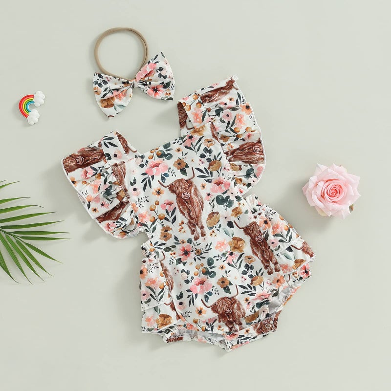 Karuedoo Western Baby Girl Clothes Cow Print Romper Ruffle Sleeveless Jumpsuit Bodysuit Headband Infant Cowgirl Outfit (Pink, 6-12 Months) - Image 3