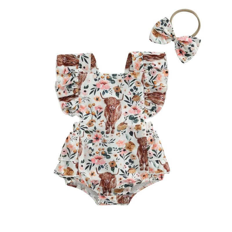 Karuedoo Western Baby Girl Clothes Cow Print Romper Ruffle Sleeveless Jumpsuit Bodysuit Headband Infant Cowgirl Outfit (Pink, 6-12 Months) - Image 1