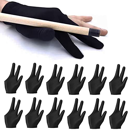 Meisuitd 12Pieces Billiard Gloves Breathable 3-Finger Cue Pool Glove Elastic Nylon Universal Sport Gloves for Women and Men Left & Right Hand Billiard Accessories(Black) - Image 1