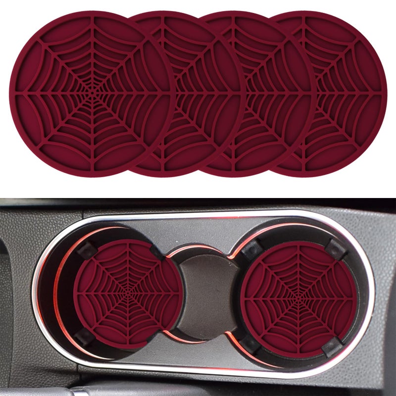 Rebvugr 4PCS Car Cup Holder Coaster Car Cup Insert 275 inch Silicone Anti Slip Spider Web Auto Coaster Automotive Interior Accessories Car Drink Coasters Cute Fit for Women and Men Wine Red - Image 3