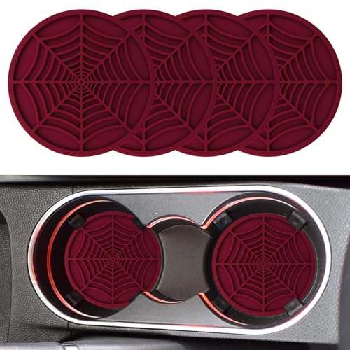 Rebvugr 4PCS Car Cup Holder Coaster Car Cup Insert 275 inch Silicone Anti Slip Spider Web Auto Coaster Automotive Interior Accessories Car Drink Coasters Cute Fit for Women and Men Wine Red - Image 1
