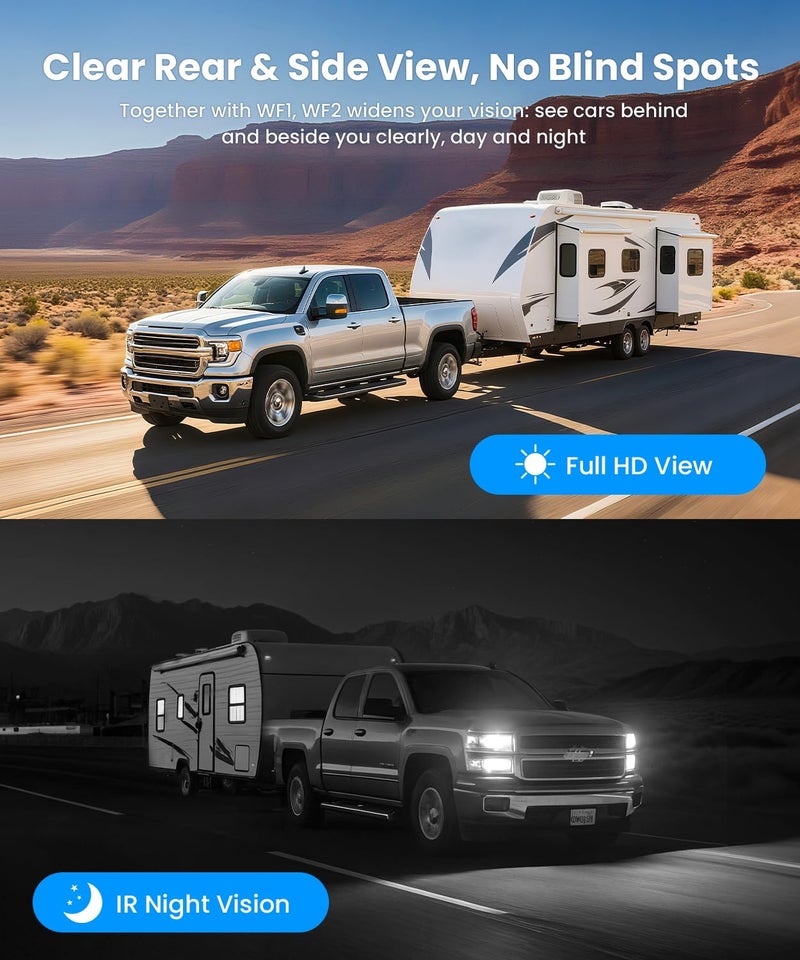 أوتو-فوكس نظام لاسلكي لكاميرا احتياطية AUTO-VOX RV: كاميرات جانبية يسار/يمين زاوية قابلة للتعديل مع رؤية ليلية بالأشعة تحت الحمراء IP69K مقاومة للماء تعمل فقط مع WF1 لمقطورة السفر ذات العجلات الخامسة من الفئة A/B/C - Image 2
