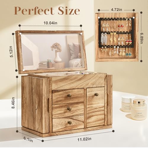 Poyilooo Jewelry Box Organizer, Solid Wood Jewelry Boxes fow Women with Mirror, Double Layer Jewelry Organizer Box Display Earring Necklace Bracelet Ring, Rustic Style Small Jewelry Box for Girls - Image 2