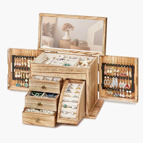 Poyilooo Jewelry Box Organizer, Solid Wood Jewelry Boxes fow Women with Mirror, Double Layer Jewelry Organizer Box Display Earring Necklace Bracelet Ring, Rustic Style Small Jewelry Box for Girls - Image 1