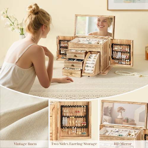 Poyilooo Jewelry Box Organizer, Solid Wood Jewelry Boxes fow Women with Mirror, Double Layer Jewelry Organizer Box Display Earring Necklace Bracelet Ring, Rustic Style Small Jewelry Box for Girls - Image 3