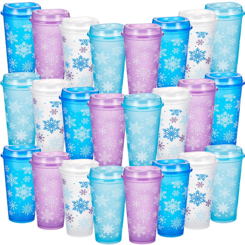 Jingmore 24 Pcs Winter Coffee Cups Gifts Bulk 16 oz Reusable Christmas Coffee Plastic Tumblers with Lid Thank You Travel Mug Coworkers Gifts for Holiday Party Supplies Hot Cold DrinksSnowflake Style - Image 2