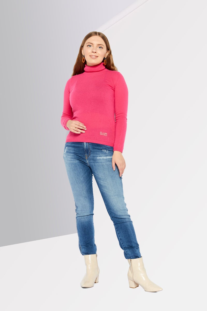 Cavalli Class Women High Neck Long Sleeve Brand Logo Sweater, Pink - Image 2