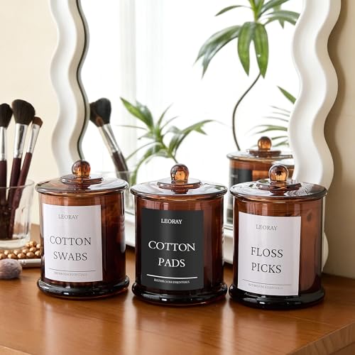 LEORAY 3 Pack Glass Qtip Holder Dispenser with Lids, Airtight Waterproof, 16 Oz Vanity Organizer Bathroom Canisters for Cotton Swabs, Balls, Pads, Floss Picks, Restroom Bedroom Kitchen Storage Jars, Amber - Image 3