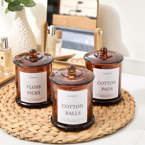 LEORAY 3 Pack Glass Qtip Holder Dispenser with Lids, Airtight Waterproof, 16 Oz Vanity Organizer Bathroom Canisters for Cotton Swabs, Balls, Pads, Floss Picks, Restroom Bedroom Kitchen Storage Jars, Amber - Image 2