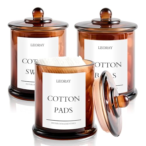 LEORAY 3 Pack Glass Qtip Holder Dispenser with Lids, Airtight Waterproof, 16 Oz Vanity Organizer Bathroom Canisters for Cotton Swabs, Balls, Pads, Floss Picks, Restroom Bedroom Kitchen Storage Jars, Amber - Image 1