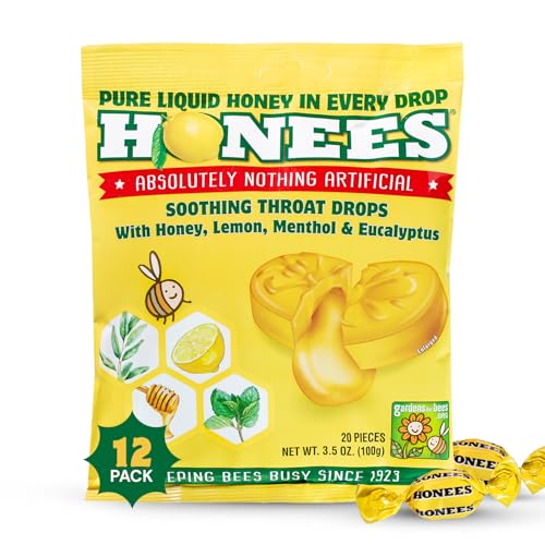 Honees Filled Honey Lemon Cough Drops Filled with Honey Menthol Lemon and Eucalyptus Nothing Artificial Natural Sore Throat Lozenges NonGMO Gluten Free 12 Pack 240 Drops