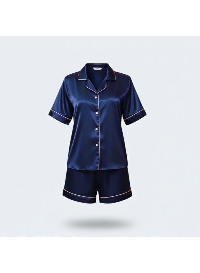 LADY Women's Navy Satin Pajama Set – Button-Up Shirt & Comfortable Shorts Sleepwear - Image 3