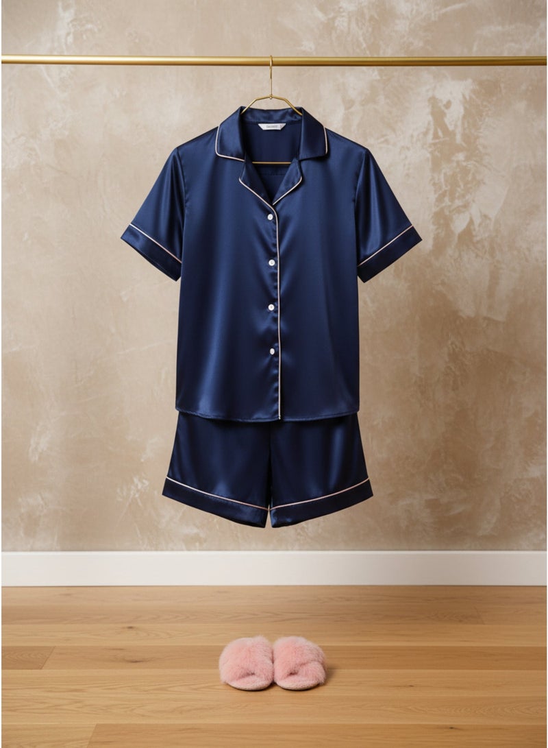 LADY Women's Navy Satin Pajama Set – Button-Up Shirt & Comfortable Shorts Sleepwear - Image 2